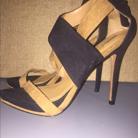 Zara Black & tan brown suede open‎ toe cross band platform stilettos size 41/10 - Picture 1 of 14